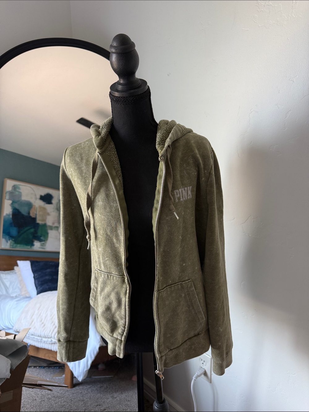 PINK Victoria's Secret Olive Zip-Up Hooded Sweatshirt